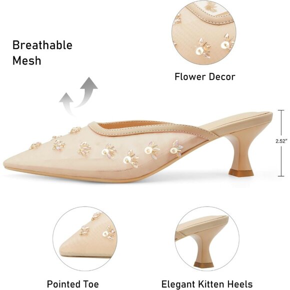 🆕Women Cream Kitten Heel Mules Flower Decor Mesh Pointed Toe Low Heel Pumps - Picture 2 of 7